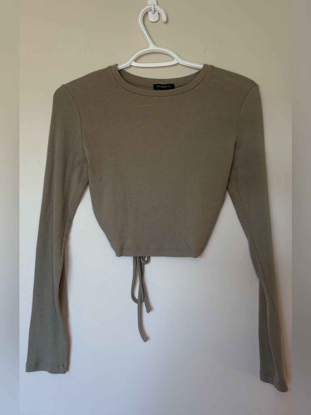 Dynamite Olive Ribbed Long Sleeve Drawstring Crop Top